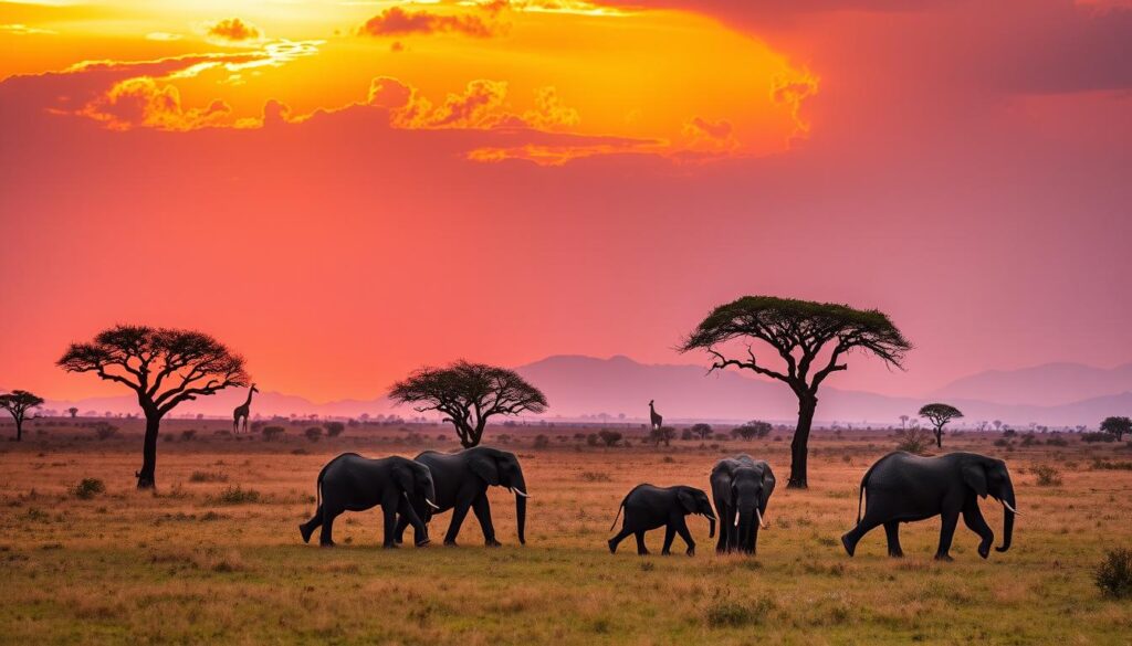 African safari scene with elephants and acacia trees in Tanzania African safari scene with elephants and acacia trees in Tanzania