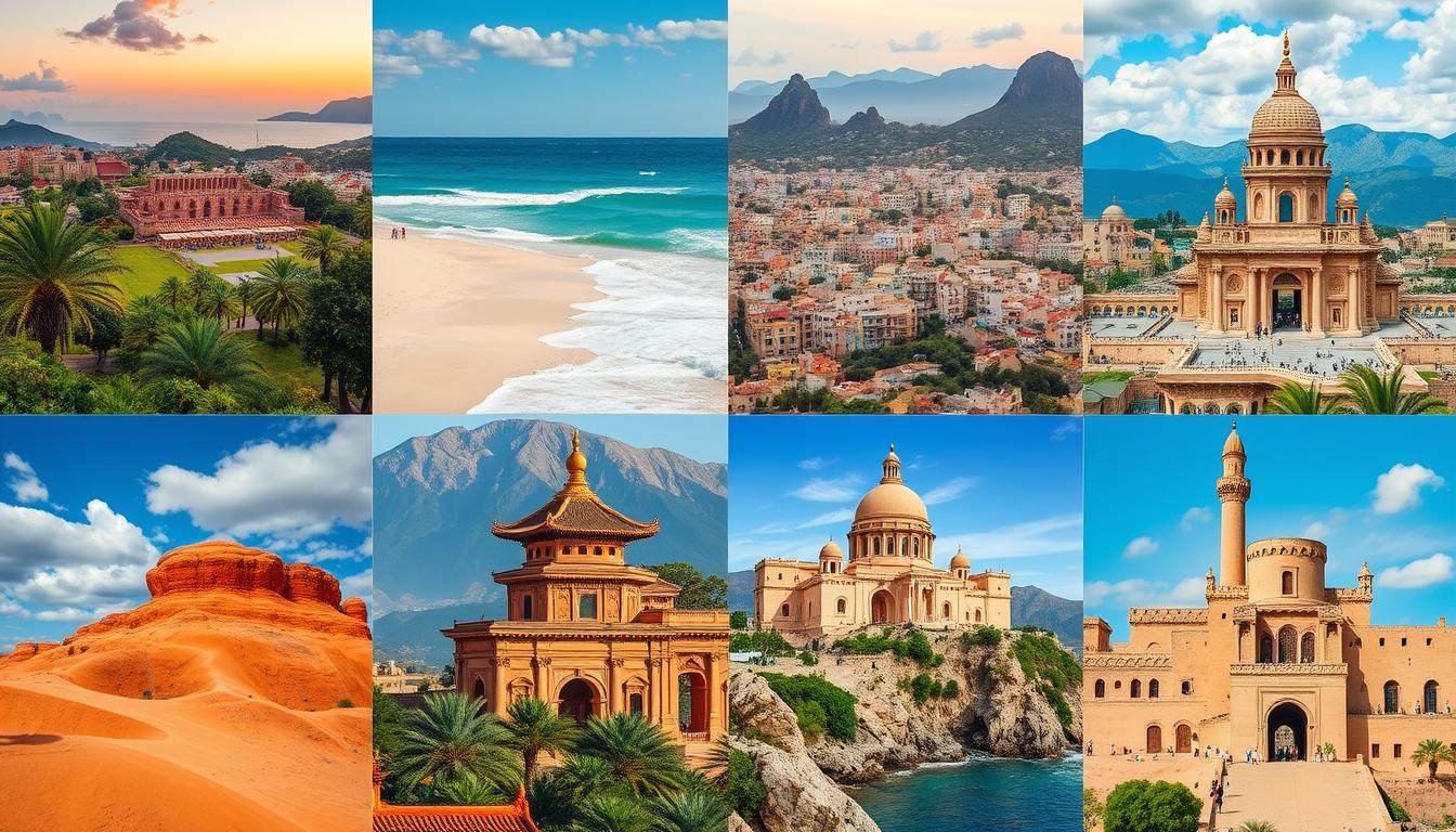 Collage of top 10 destinations around the world including beaches, mountains, and historic sites