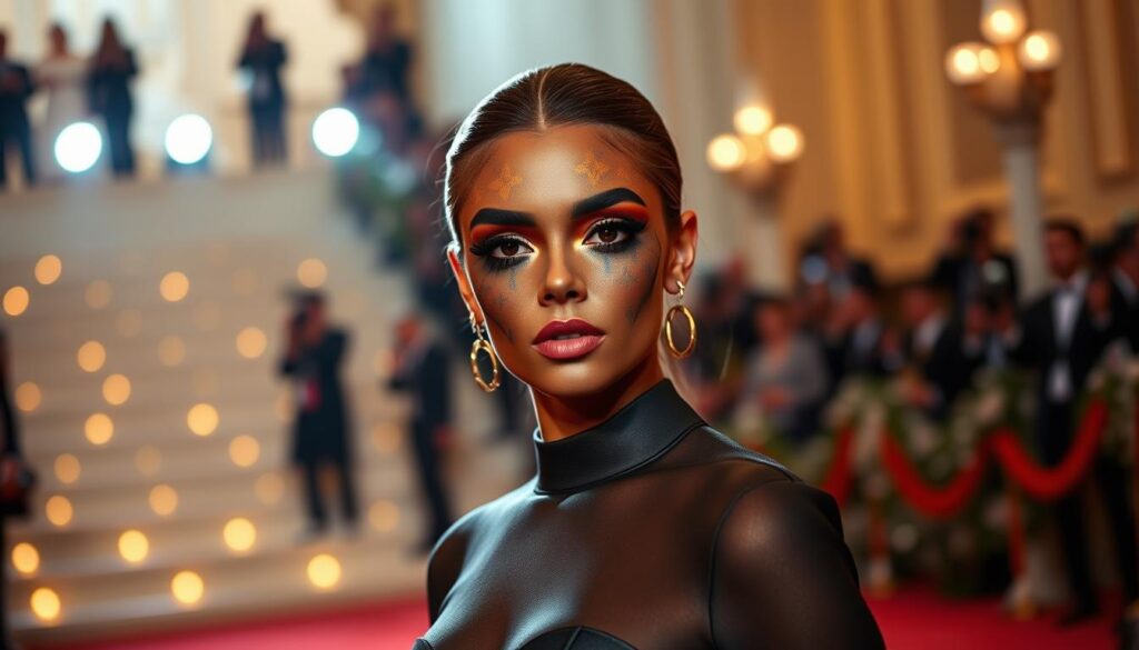 Met Gala look with Louis Vuitton logo face art