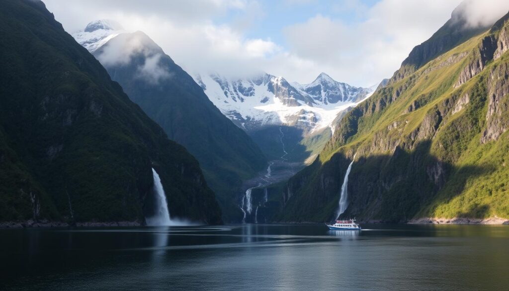 Milford Sound fjord with mountains and waterfalls in New Zealand Milford Sound fjord with mountains and waterfalls in New Zealand