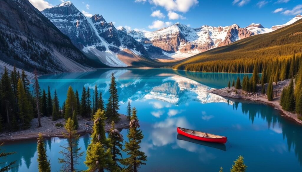 Moraine Lake with turquoise water and mountain backdrop in Banff National Park Moraine Lake with turquoise water and mountain backdrop in Banff National Park