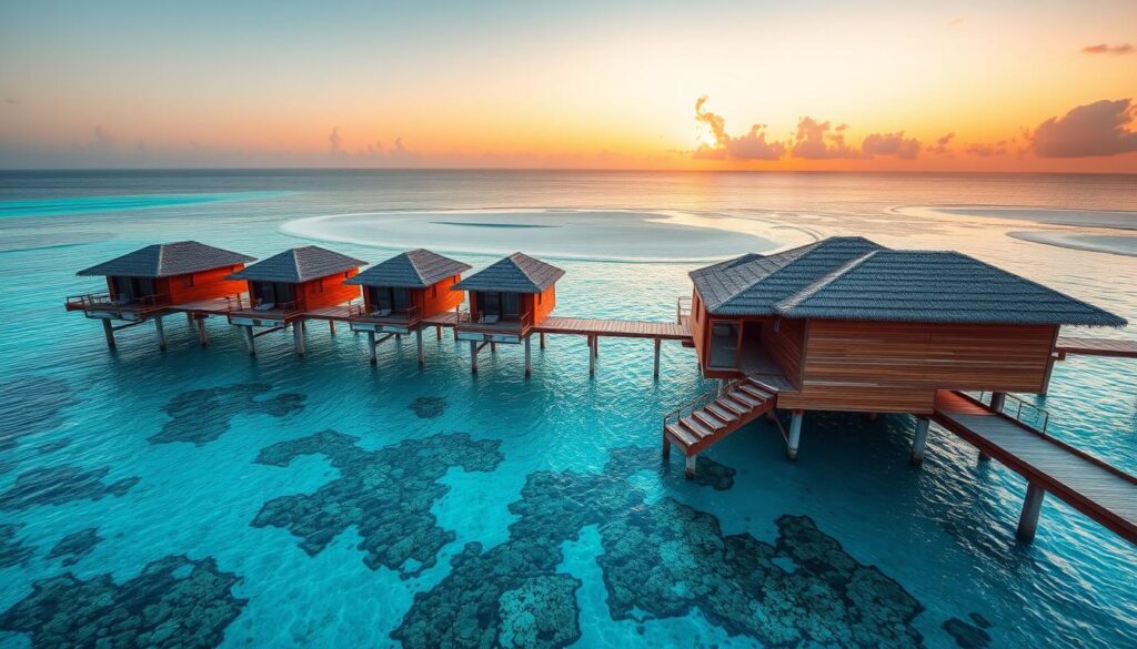 Overwater bungalows in the Maldives with crystal clear turquoise water Overwater bungalows in the Maldives with crystal clear turquoise water