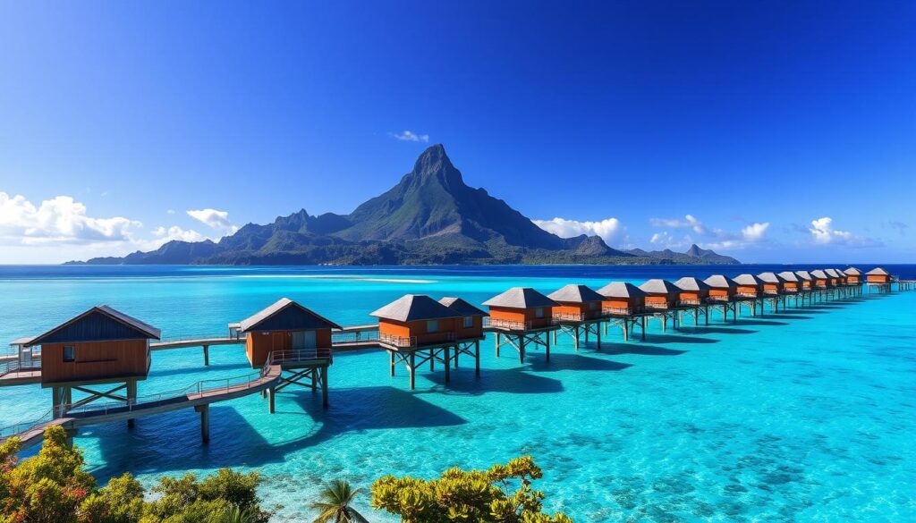 Overwater bungalows with Mount Otemanu view in Bora Bora Overwater bungalows with Mount Otemanu view in Bora Bora