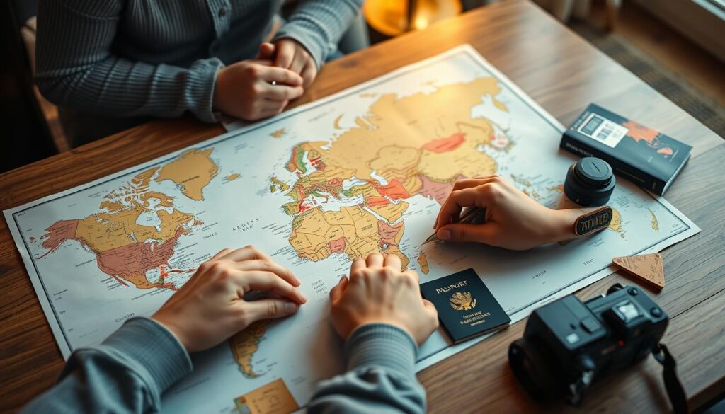 Person looking at world map planning their next top 10 destinations to visit Person looking at world map planning their next top 10 destinations to visit