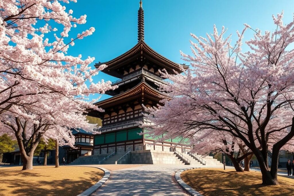 Traditional Japanese temple with cherry blossoms in Kyoto Traditional Japanese temple with cherry blossoms in Kyoto