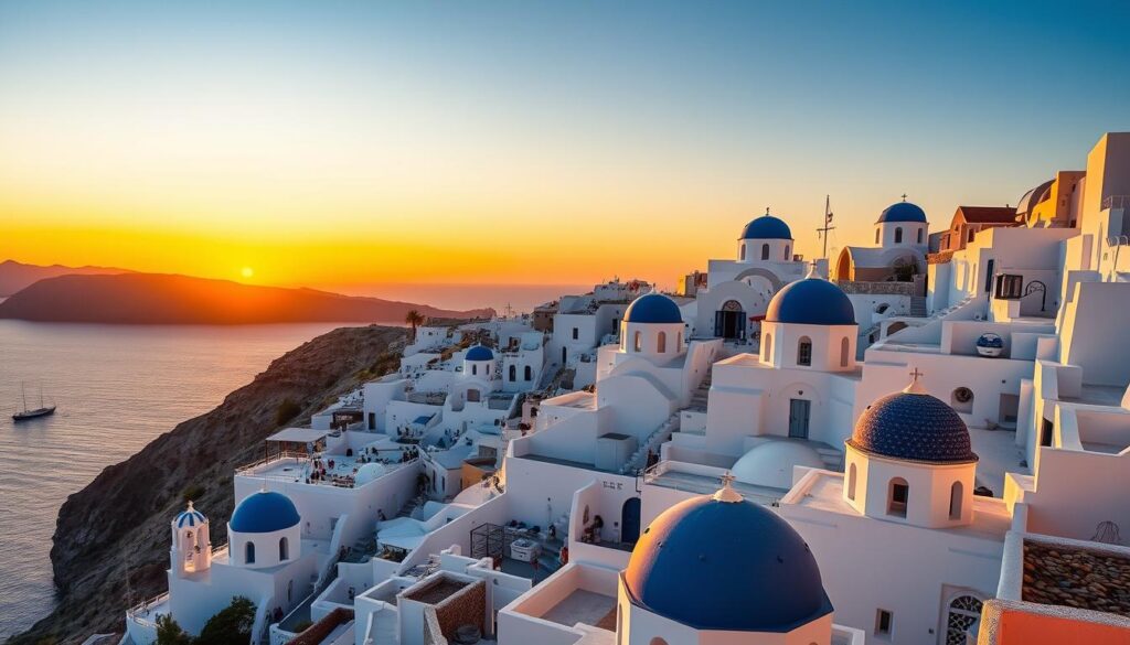 White buildings with blue domes overlooking the Aegean Sea in Santorini White buildings with blue domes overlooking the Aegean Sea in Santorini